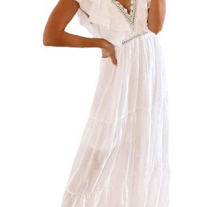 2021 European and American spring and summer new short-sleeved dress for women Amazon foreign trade white lace V-neck long dress