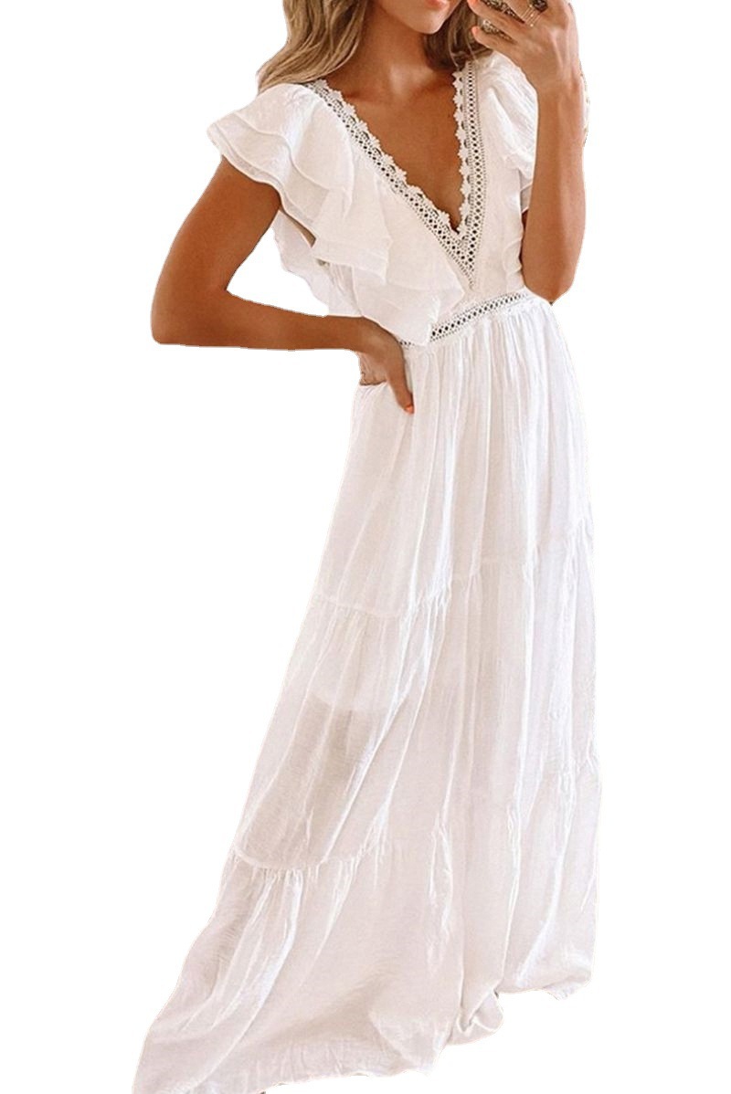 2021 European and American spring and summer new short-sleeved dress for women Amazon foreign trade white lace V-neck long dress
