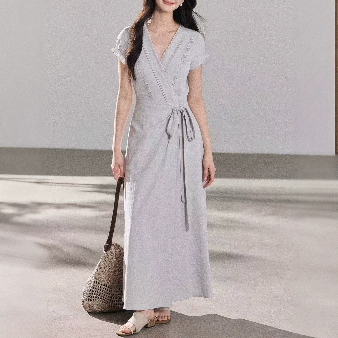 Linen-Tencel blend jacquard dress, elegant waist-cinching short-sleeved tie-waist long dress for women.