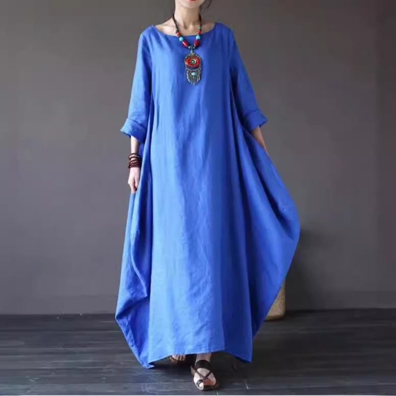 2025 Spring/Summer New Arrival Amazon AliExpress Wish Literary Loose Plus Size Cotton Linen Long Dress - Image 4
