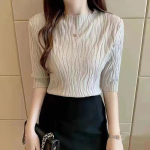Short-sleeved bottoming shirt women's clothing 2023 summer new casual foreign style slim short top with knitted sweater