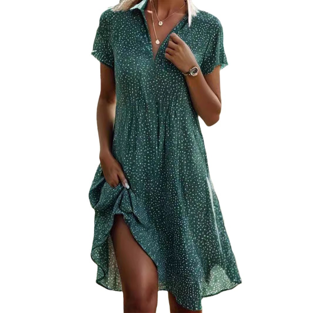 New European and American cross-border trade summer long dress, casual loose V-neck short-sleeved printed polka dot shirt dress for women. - Image 5