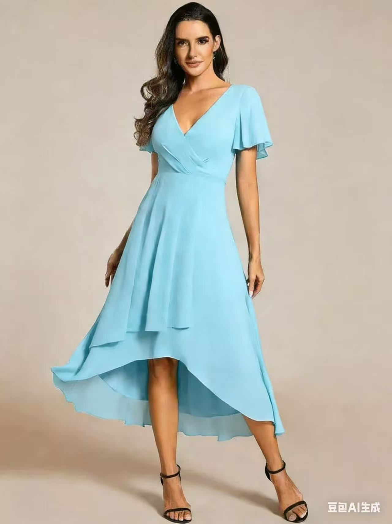 2025 Hot Selling New European and American Cross-border Summer Solid Color V-neck Ruffle Sleeve Chiffon Elegant Party Dress - Image 23