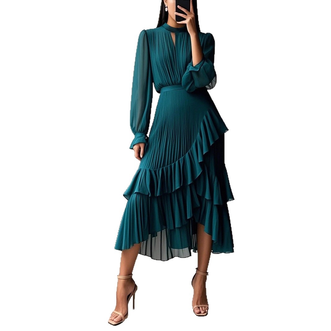 2025 European and American cross-border new solid color dress, Middle Eastern foreign trade ruffled pleated dress, midi skirt, Amazon. - Image 6