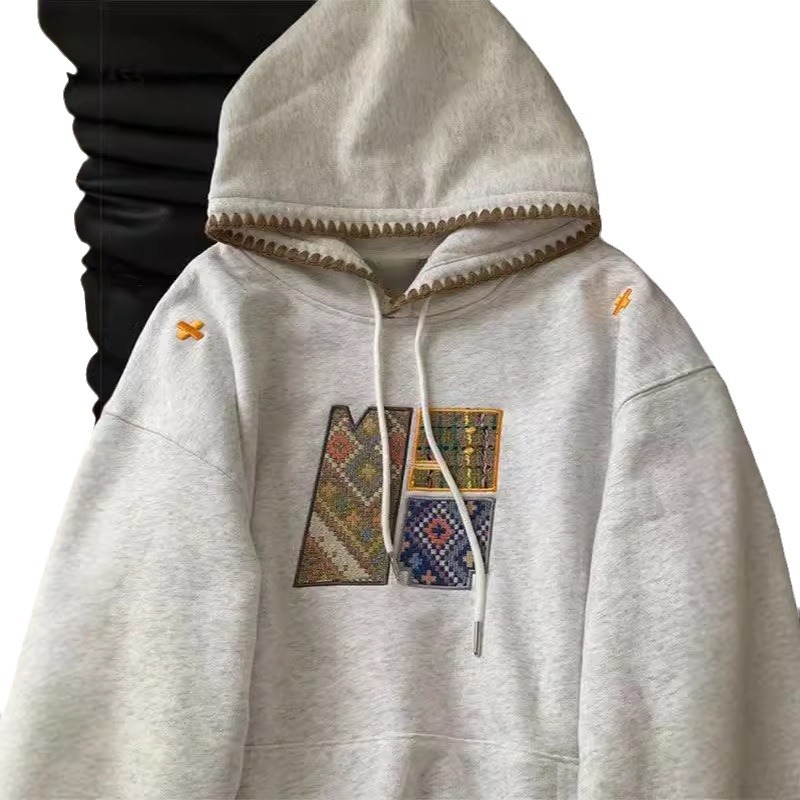 National trend embroidery American retro hooded sweatshirt for women autumn and winter slim loose lazy style plus velvet large size top - Image 6