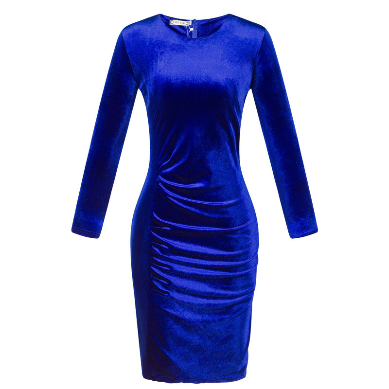 2023 ebay AliExpress European and American Foreign Trade Best Selling Korean Velvet Slim Long-sleeved Gold Silk Velvet Hip Dress - Image 4