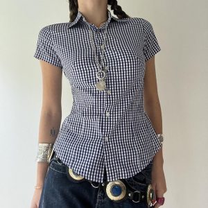 Cross-border new blue plaid Polo collar slim shirt American street button stitching casual cardigan T-shirt for women