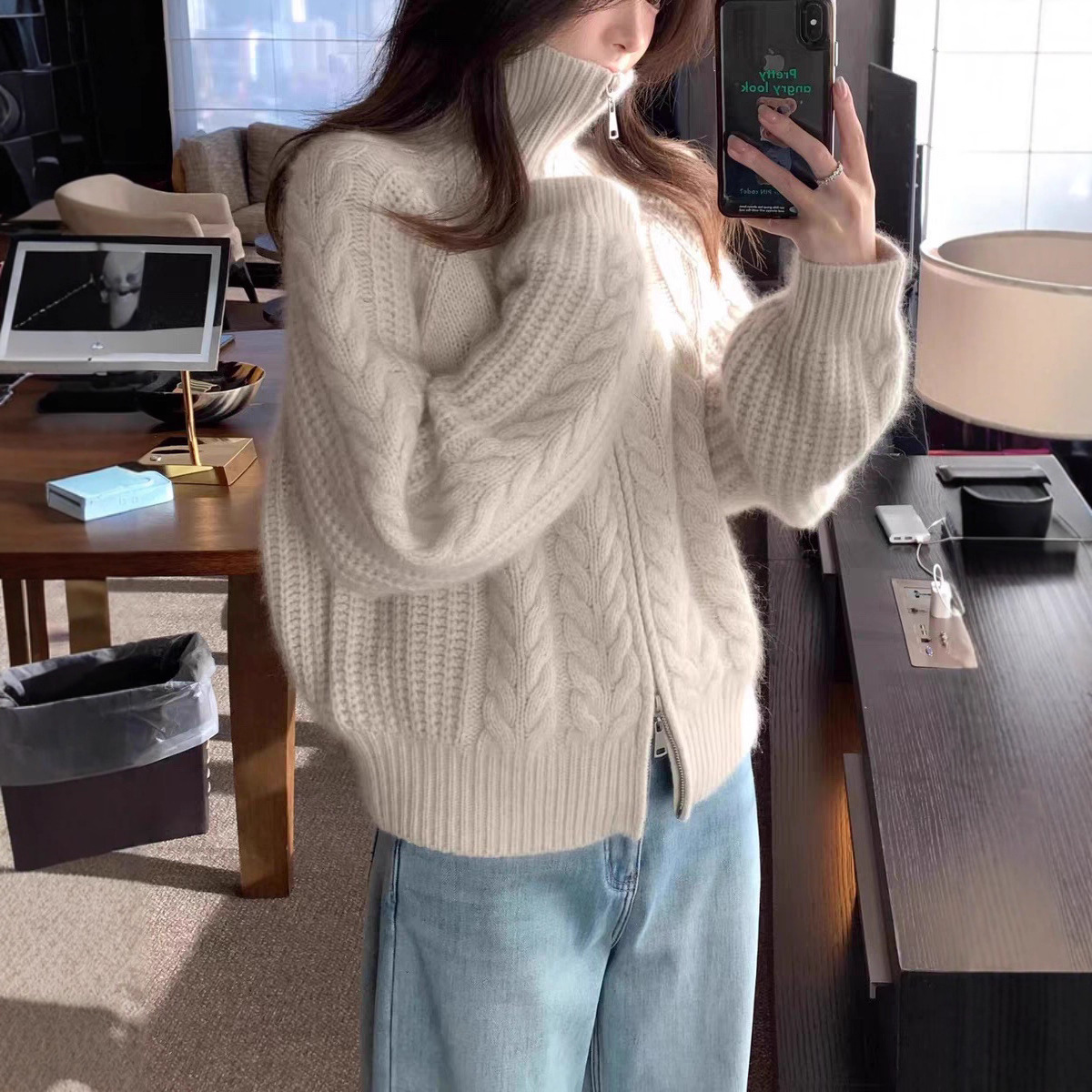 Autumn/Winter Zipper Cardigan Knit Thick Twisted Knit Loose Stand Collar Sweater 100% Wool Cardigan Coat - Image 4