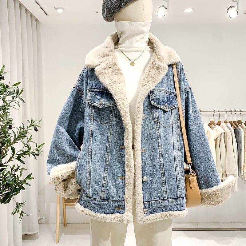 2023 Winter Fleece-lined Thickening Denim Jacket Women's Korean-Style Loose Lambswool Casual All-Matching Reversible Cotton-Padded Coat Fashion - Image 3