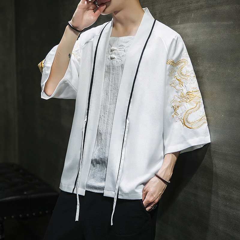 AliExpress new Chinese style round dragon embroidery three-quarter sleeve cardigan Hanfu sunscreen clothing men's Japanese loose jacket men - Image 16