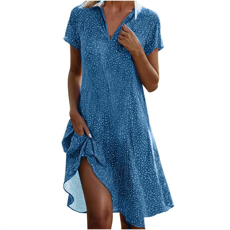New European and American cross-border trade summer long dress, casual loose V-neck short-sleeved printed polka dot shirt dress for women. - Image 6