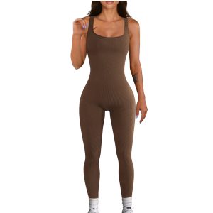 Foreign trade women's solid color sleeveless vest jumpsuit threaded square neck backless hip lift slim sports jumpsuit in stock