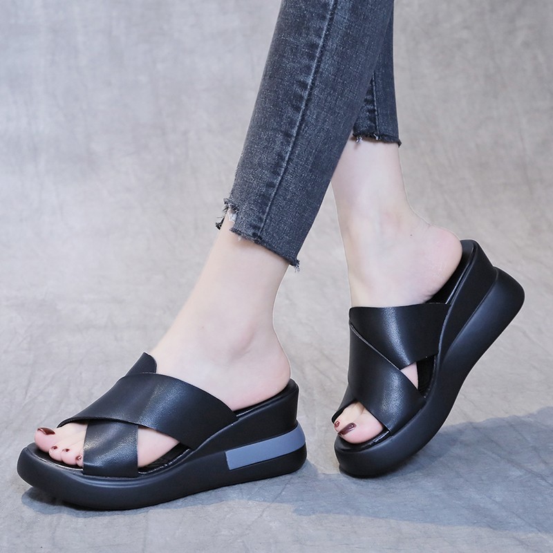 Thick-soled wedge sandals women's 2021 new summer high-heeled fish mouth women's shoes soft leather increased platform shoes - Image 6