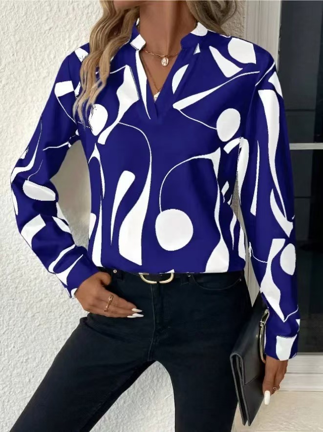 In-stock Amazon, European and American cross-border Wish foreign trade women's printed unsleeved collar shirt casual long-sleeved shirt top - Image 6