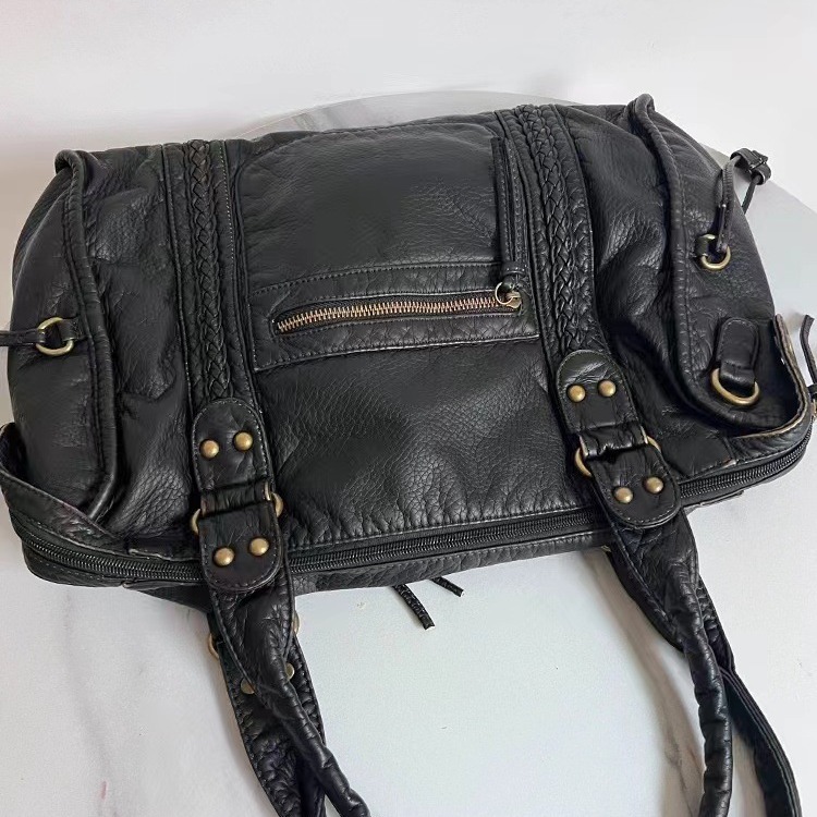 French retro motorcycle bag shoulder messenger bag tote bag large bag women's large capacity bag washed bag soft leather bag European - Image 2