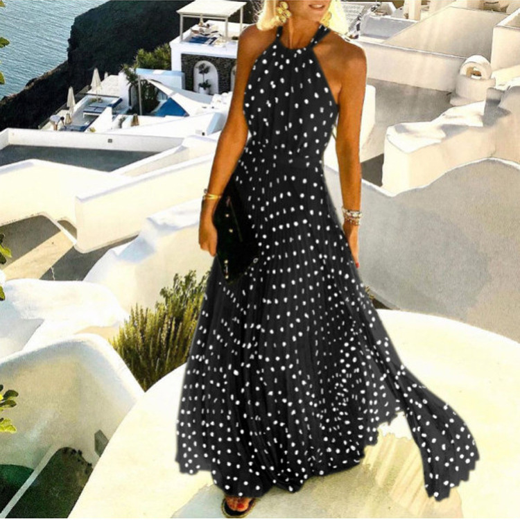 2021 European and American foreign trade new style round neck sleeveless printed pleated dress women's dress long skirt - Image 4