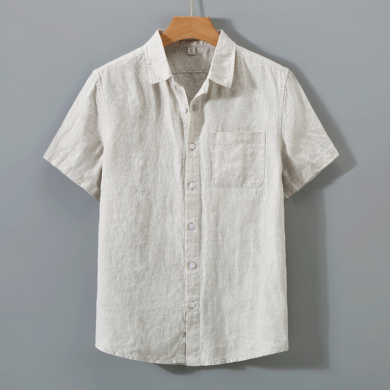 Summer linen short-sleeved shirt for middle-aged men's business casual pure linen pocket shirt loose cardigan half-sleeved linen clothing - Image 3