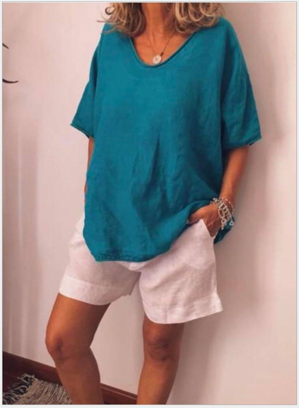 Cross-border e-commerce 2025 Amazon Europe and America Summer New Solid Color Loose Short Sleeve Casual Cotton Linen T-shirt - Image 12