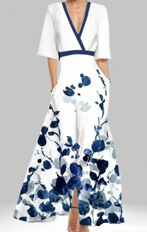2025 European and American foreign trade Amazon fashion elegant temperament V-neck women's printed tie-waist full skirt dress - Image 11