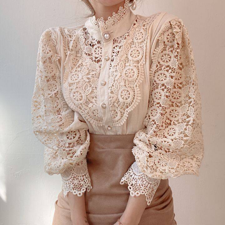French Loose Chic Button Heavy Industry Lace Hollow Flower Stitching Long Sleeve Stand Collar Shirt - Image 7