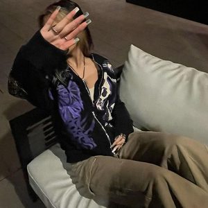 European and American Amazon cross-border wholesale skull print hooded cardigan full zipper loose men's and women's trendy brand sweater jacket