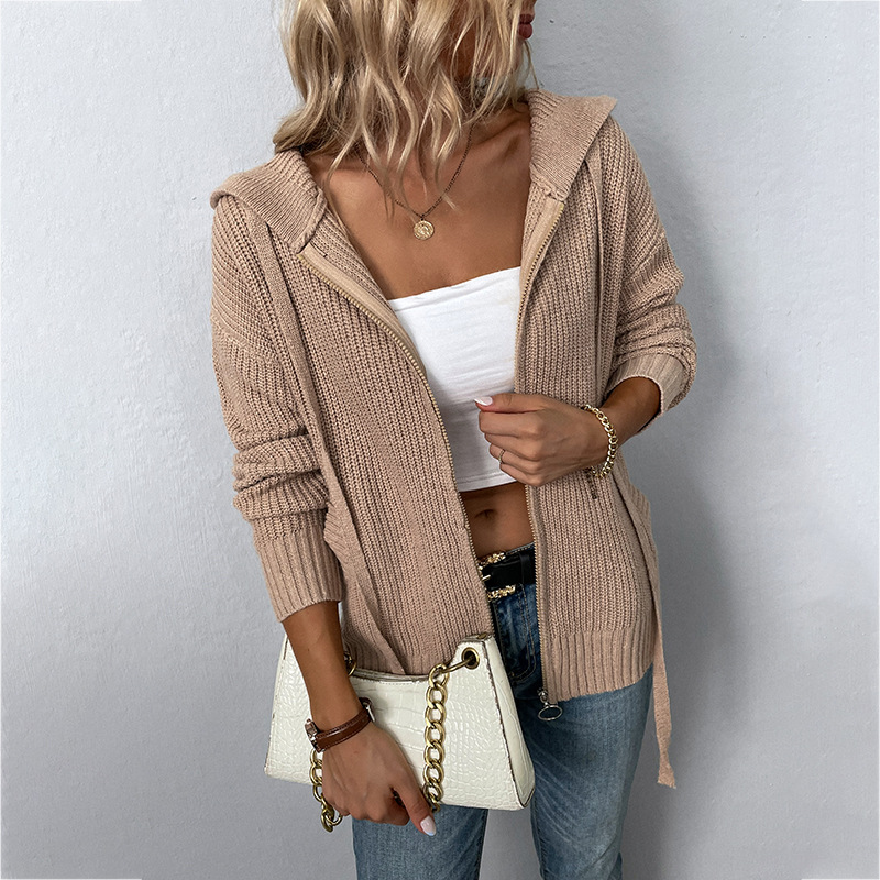 Drizzle Solid Color Hooded Zipper European and American Knitwear Autumn and Winter New Drawstring Pocket Sweater Women's Cardigan Jacket