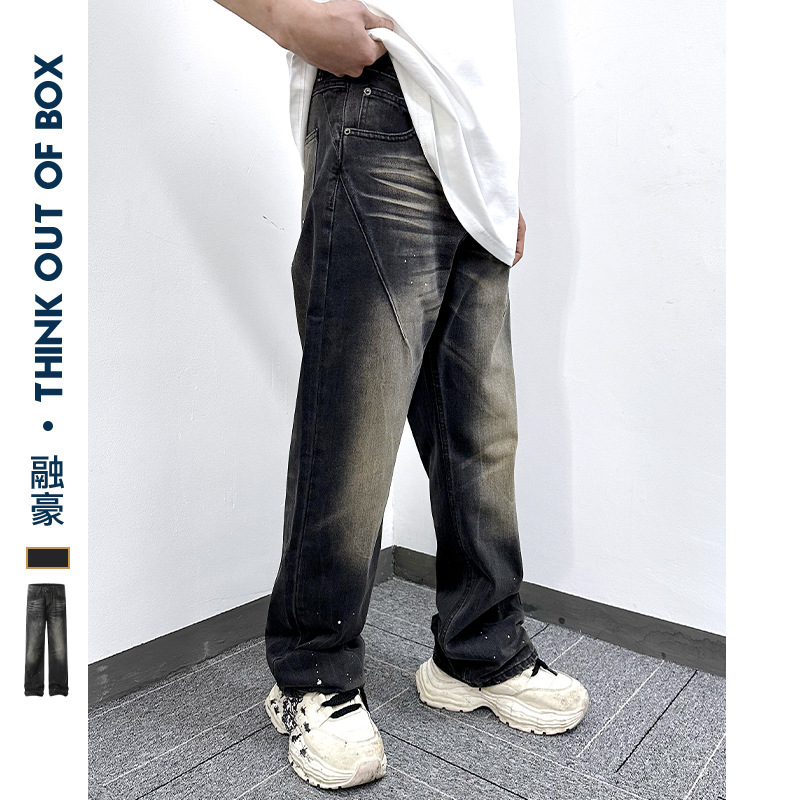 American style ink-splashed design, distressed retro straight jeans, street fashion, loose washed casual trousers for men - Image 3