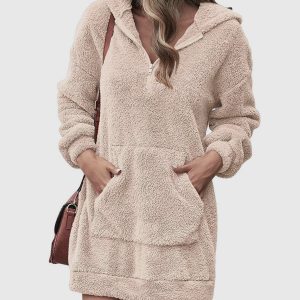 2022 new European and American cross-border autumn and winter women's clothing double-sided fleece hooded loose zipper plush pocket sweater jacket