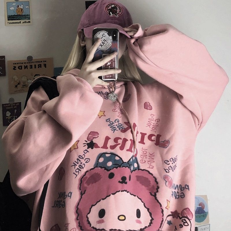 2021 Autumn and Winter Trend ins Harajuku Pink Girl Cartoon Anime Print Loose Plush Hooded Sweatshirt Women - Image 10
