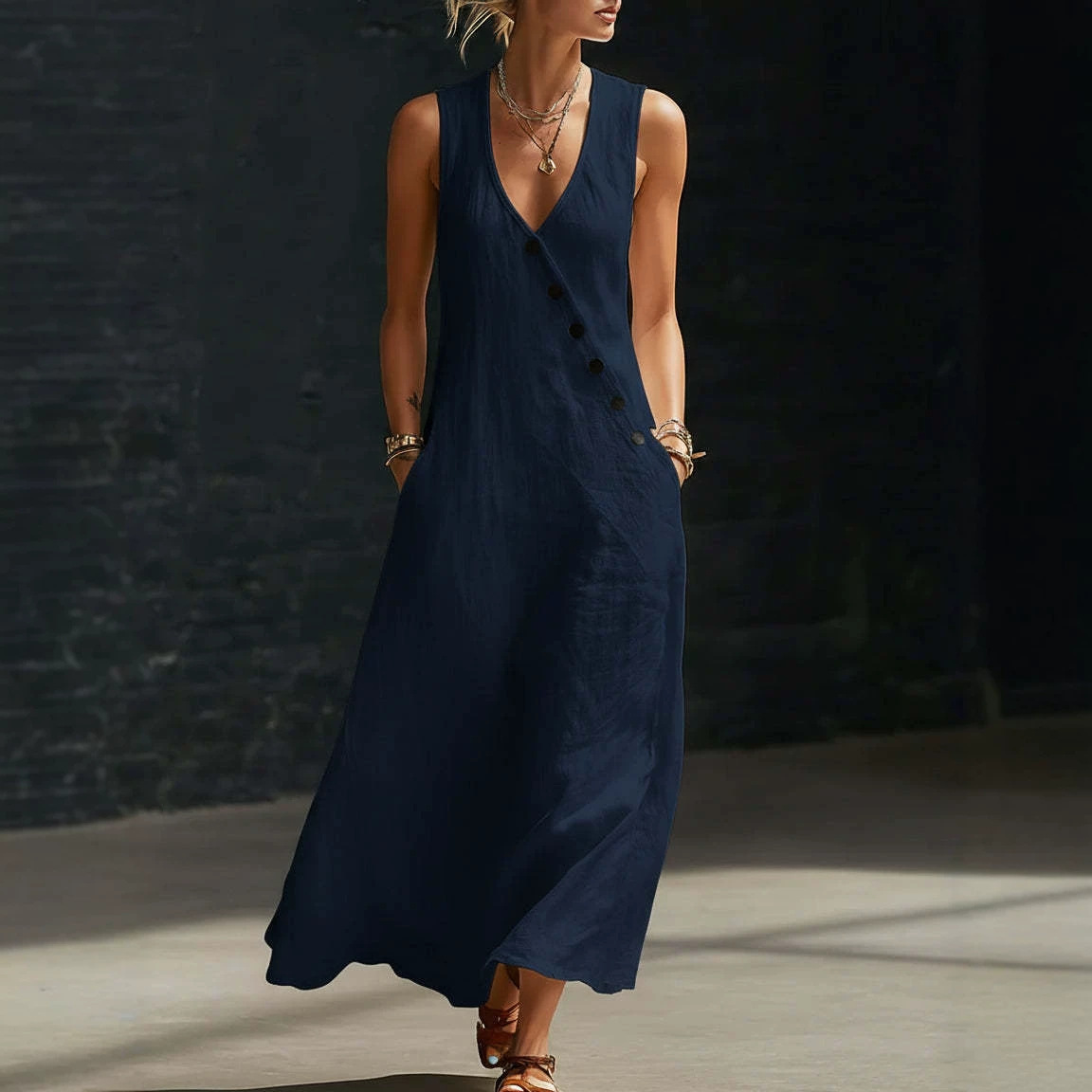 In stock Amazon summer cross-border V-neck sleeveless diagonal button vest dress long women's vacation casual dress - Image 4