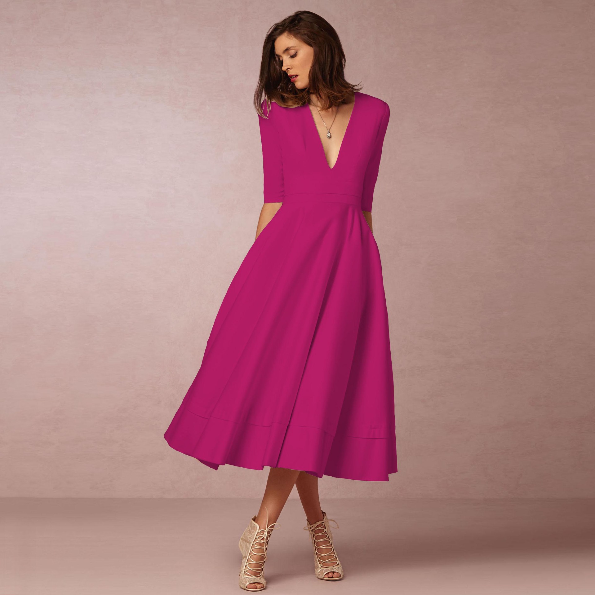 2023 new European and American foreign trade women's evening dress Amazon hot style sexy deep V mid-sleeve swing dress - Image 15