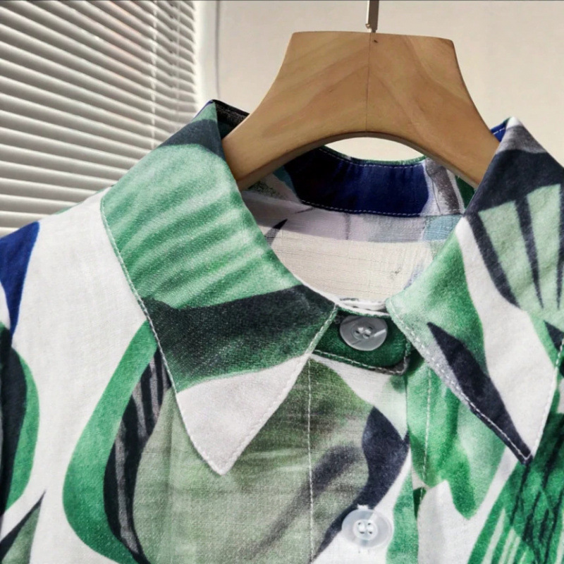 Amazon mid-length loose chiffon blouse with green and blue color blocking abstract print, lightweight and breathable, 2026 European and American cross-border style. - Image 4