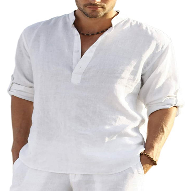 2022 foreign trade men's linen long-sleeved T-shirt loose undershirt solid color long-sleeved cotton and linen shirt men's large size dropshipping - Image 7