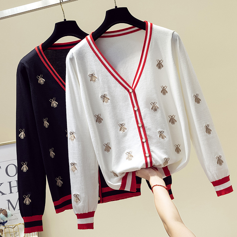 Early autumn new style bee embroidery thin ice silk commuter sweater small fragrance wind top coat sweater tide cardigan women - Image 5
