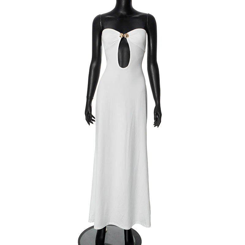 Y24DS189 European and American women's cross-border summer new style pure color temperament elegant tube top U-neck high waist long dress - Image 3