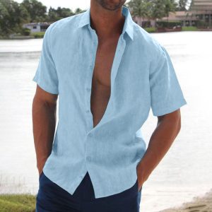 2022 Amazon ebay AliExpress Summer lapel solid color short-sleeved men's linen shirt men's clothing