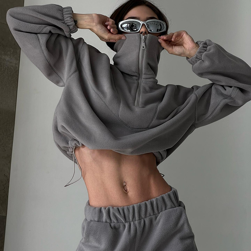 Spot European and American fleece stand-up collar sweater ins loose casual sexy long-sleeved short sweater hem drawstring