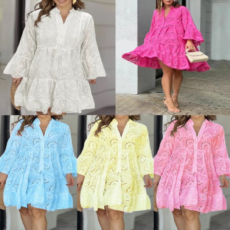 2023 European and American cross-border spring and summer Amazon solid color V-neck loose embroidery hollow lace flower sexy dress - Image 7