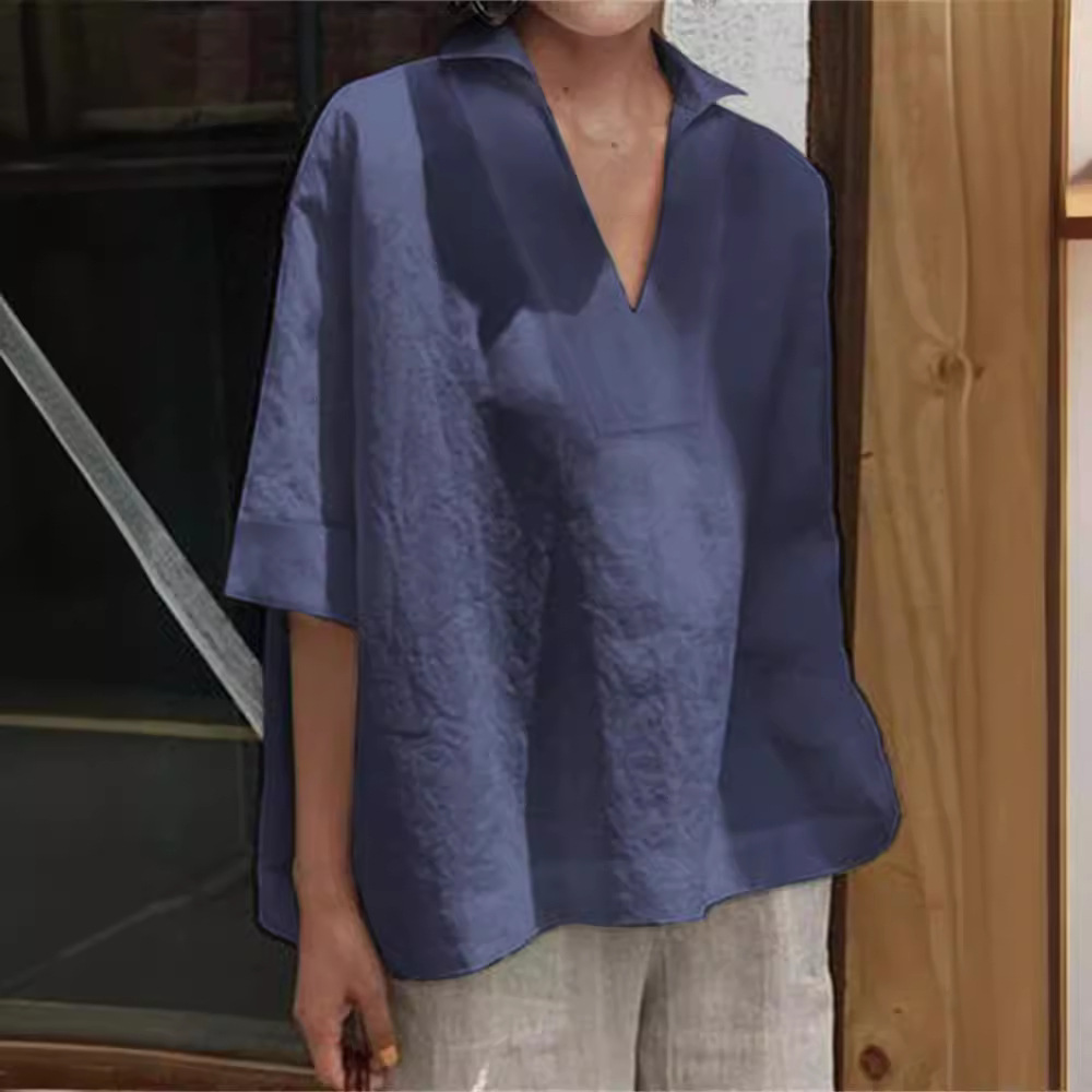2026 Spring/Summer Amazon European and American Cross-Border V-Neck Cotton Linen Versatile Solid Color Plus Size Loose Mid-Sleeve Women's Shirt - Image 2