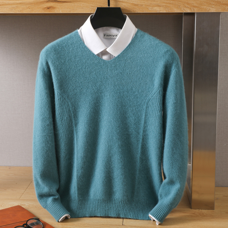 Autumn and winter new men's V-neck loose pullover solid color mink velvet base sweater knitted sweater inner top wool sweater - Image 4