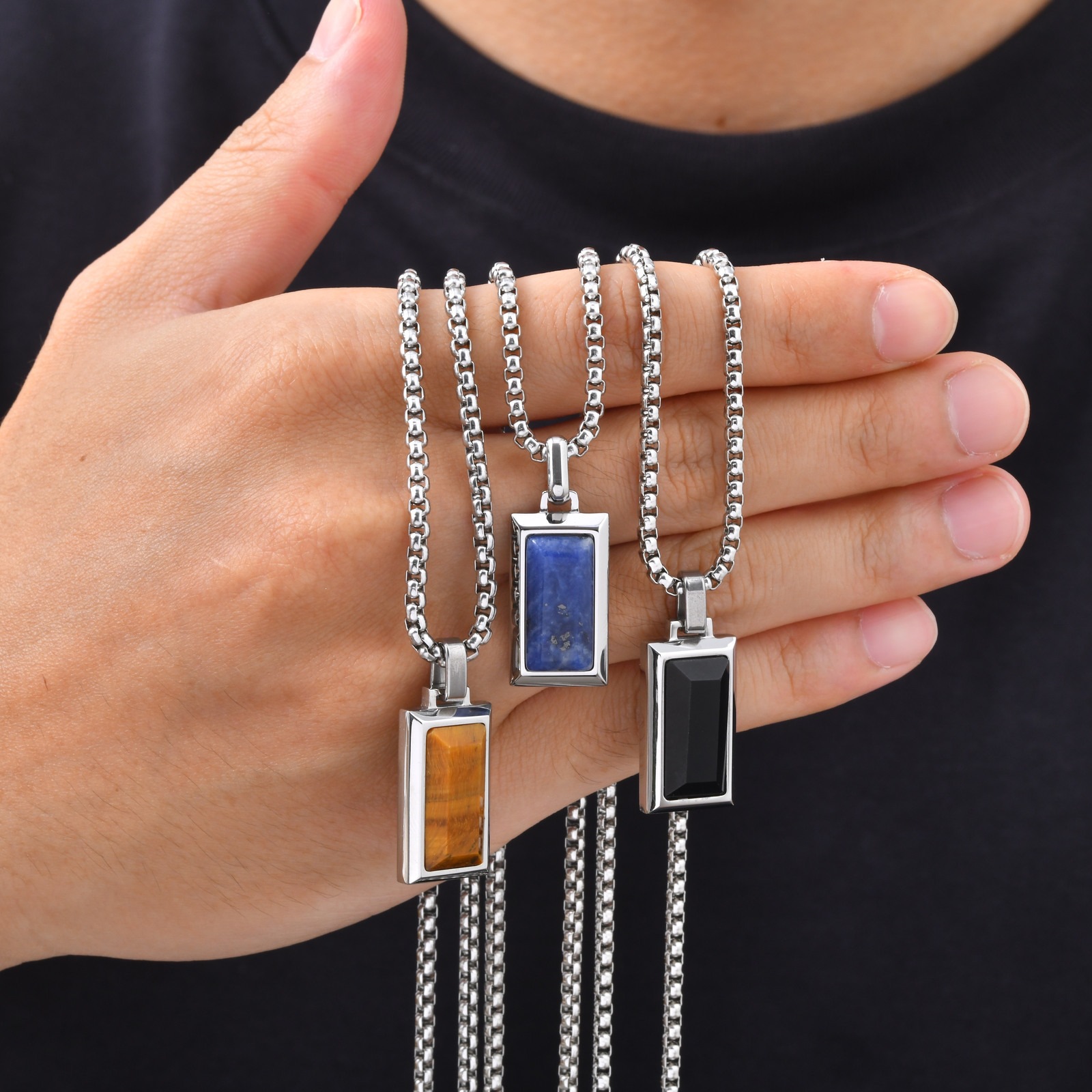 Niche high-end design stainless steel rectangular pendant with black agate natural stone, fashionable retro style, PN2379 - Image 3