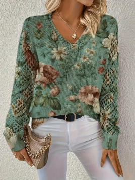 Cross-border AliExpress V-neck printed T-shirt, spring/summer T-shirt, retro pastoral style, all-over floral print, loose casual wholesale. - Image 26