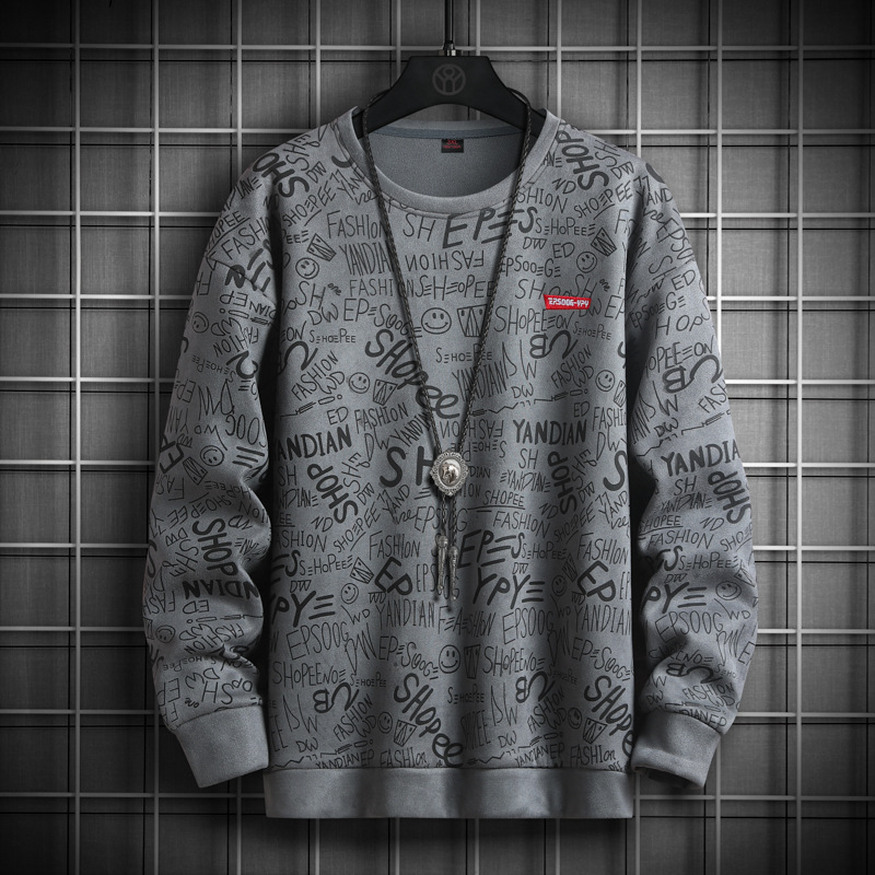 Sweater men's 2023 spring new youth fashion full print casual loose American round neck suede sweater cross-border - Image 2