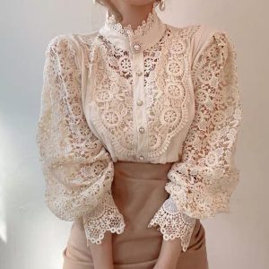 French Loose Chic Button Heavy Industry Lace Hollow Flower Stitching Long Sleeve Stand Collar Shirt