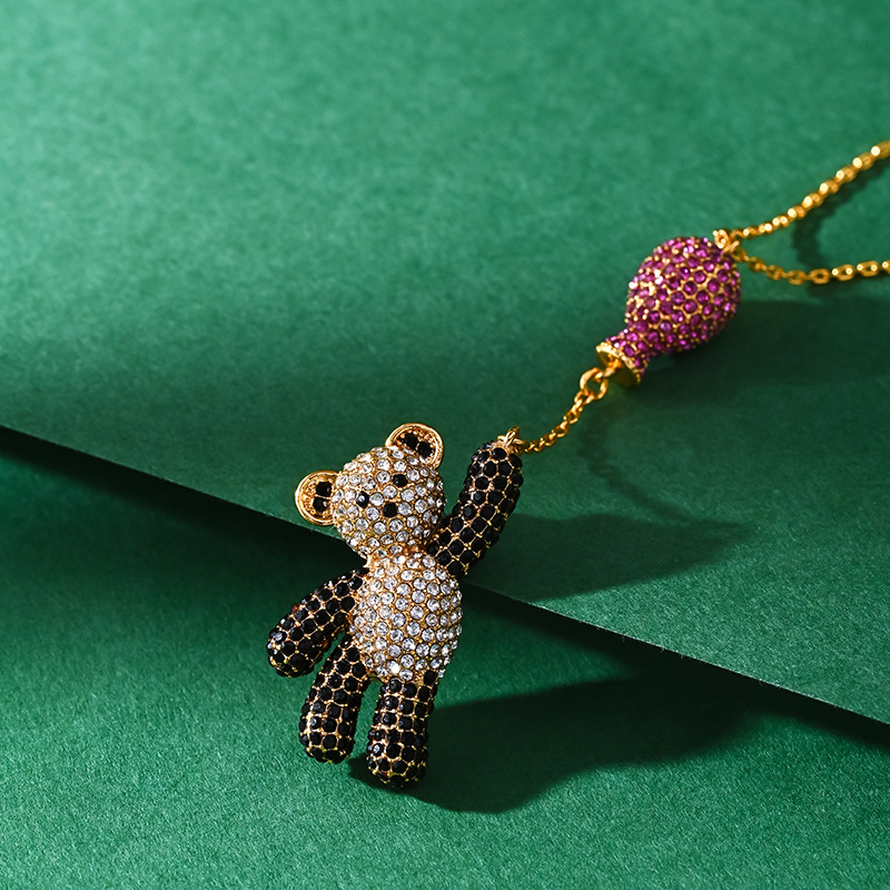 High-end design pink rhinestone balloon tassel bear necklace, cute and elegant animal series panda clavicle chain - Image 7