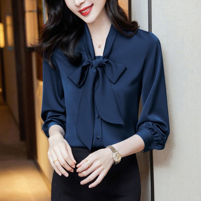 Bow tie single breasted cardigan casual shirt for women spring and autumn temperament solid color long sleeves western-style age-reducing shirt - Image 8