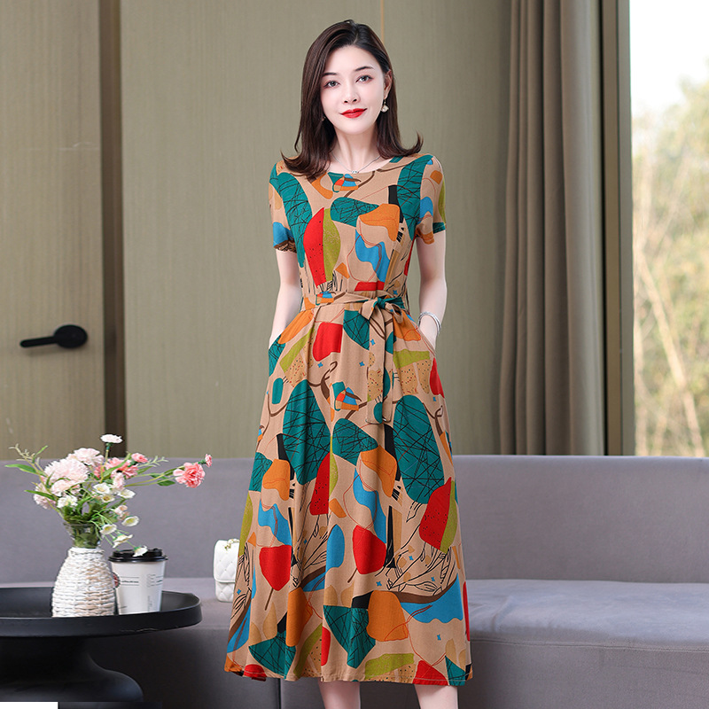 Artificial cotton silk dress women's clothing 2023 summer new middle-aged mother mid-length over-the-knee plus-size loose skirt - Image 9