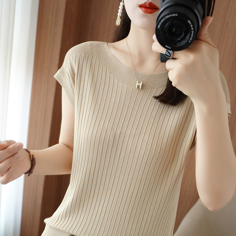 Ice silk knitted sweater women's loose short-sleeved thin t-shirt 2023 summer new inner top with one word collar thin outer wear - Image 9