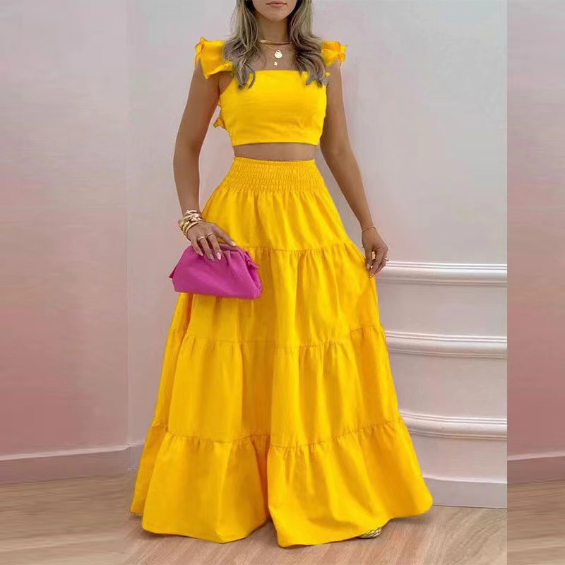 2023 summer European and American cross-border new temperament sexy solid color mid-waist suspenders two-piece suit dress - Image 13