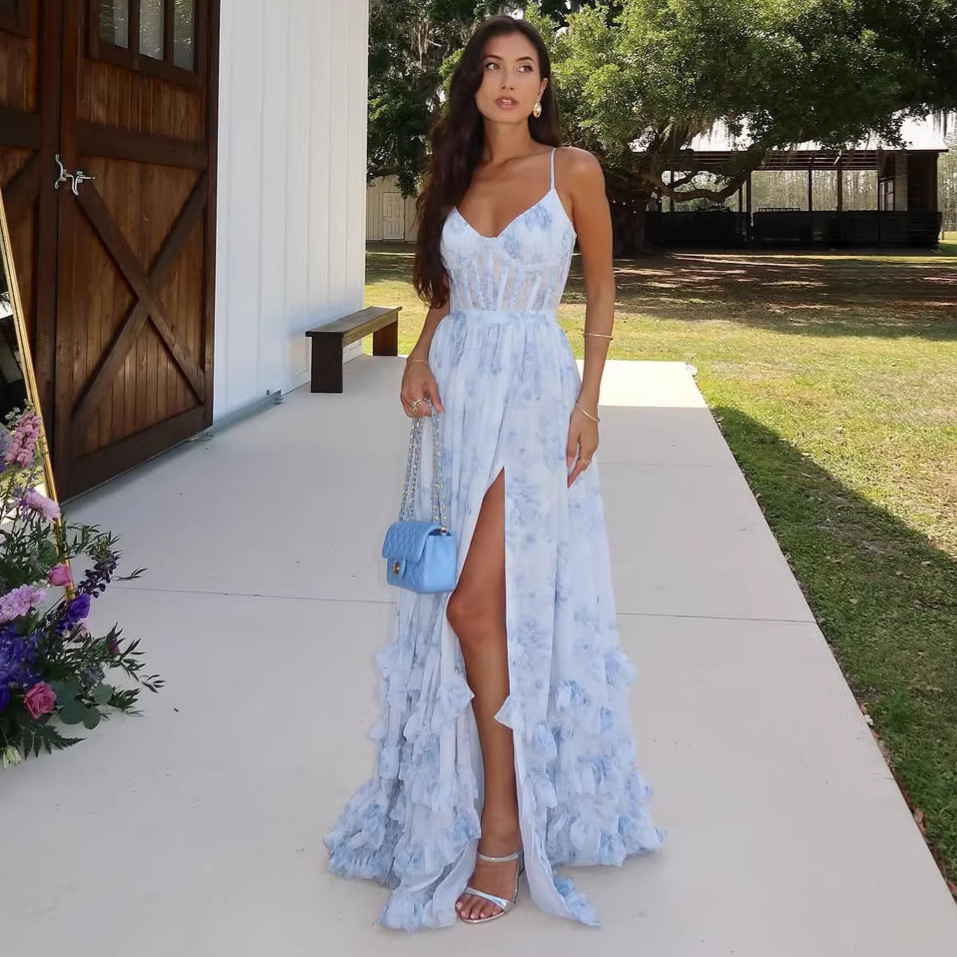 Cross-border European and American fashion summer new blue French style suspender dress, resort style floral waist-cinching long dress SY385 - Image 2